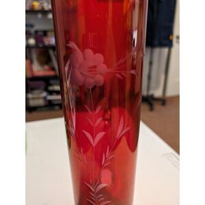 Vintage Ruby Red Stained Blown Glass Pitcher with etched floral design